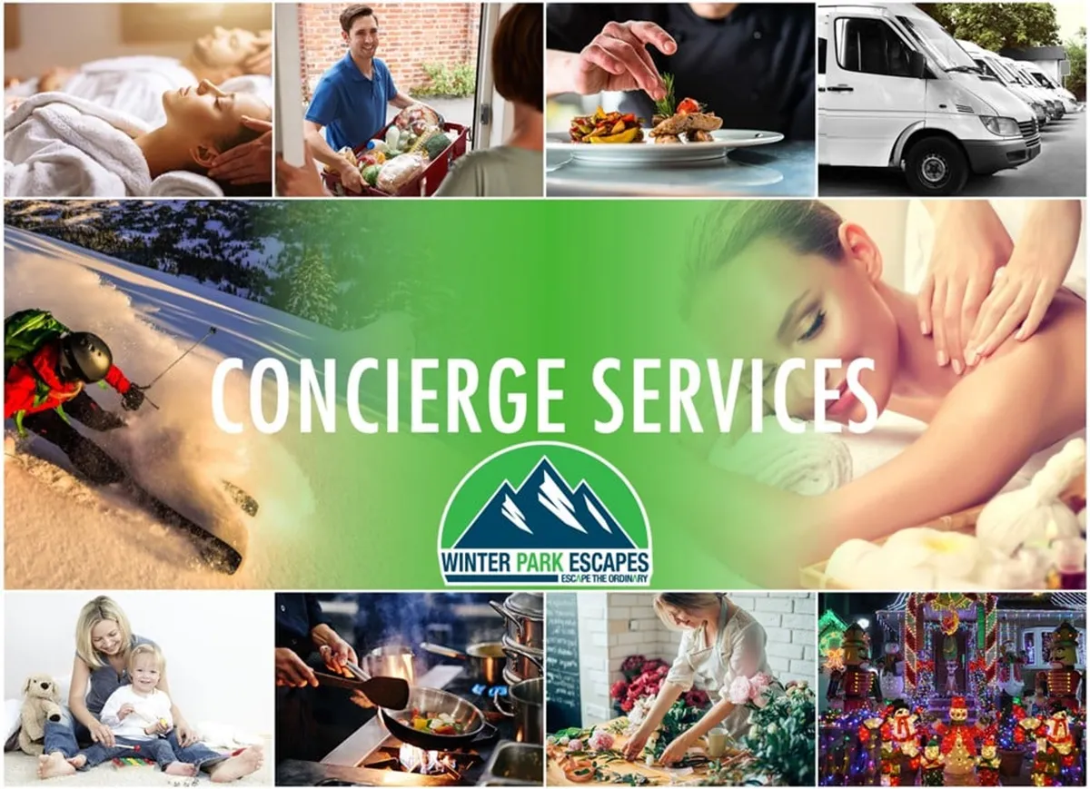 A collage-style concierge board showcasing a range of luxury resort services and activities, including spa treatments, gourmet dining, skiing, and family gatherings, all branded under Winter Park Escapes.
