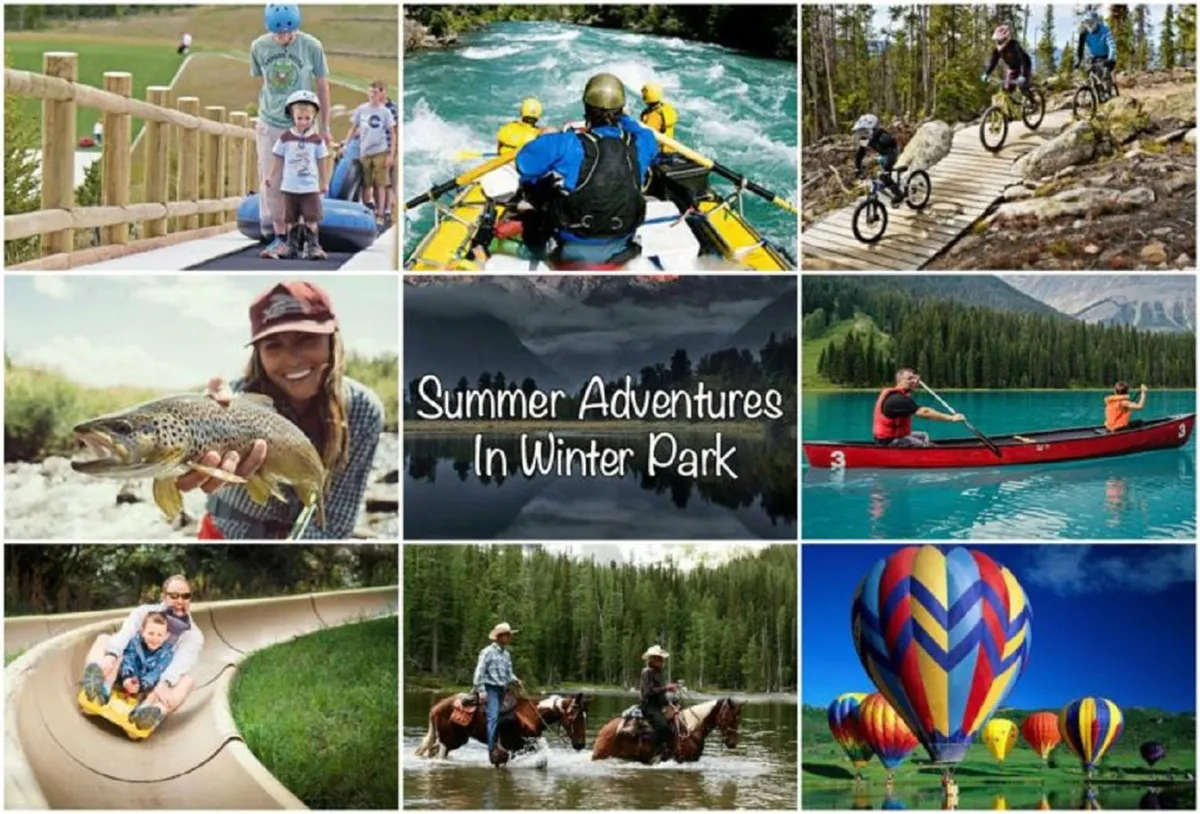 A panoramic view of families and children participating in a wide range of outdoor adventures: rafting, cycling, fishing, kayaking, horseback riding, hot air ballooning, and more. The mood is joyful and energetic, with the scene capturing the excitement of exploring the area’s offerings.