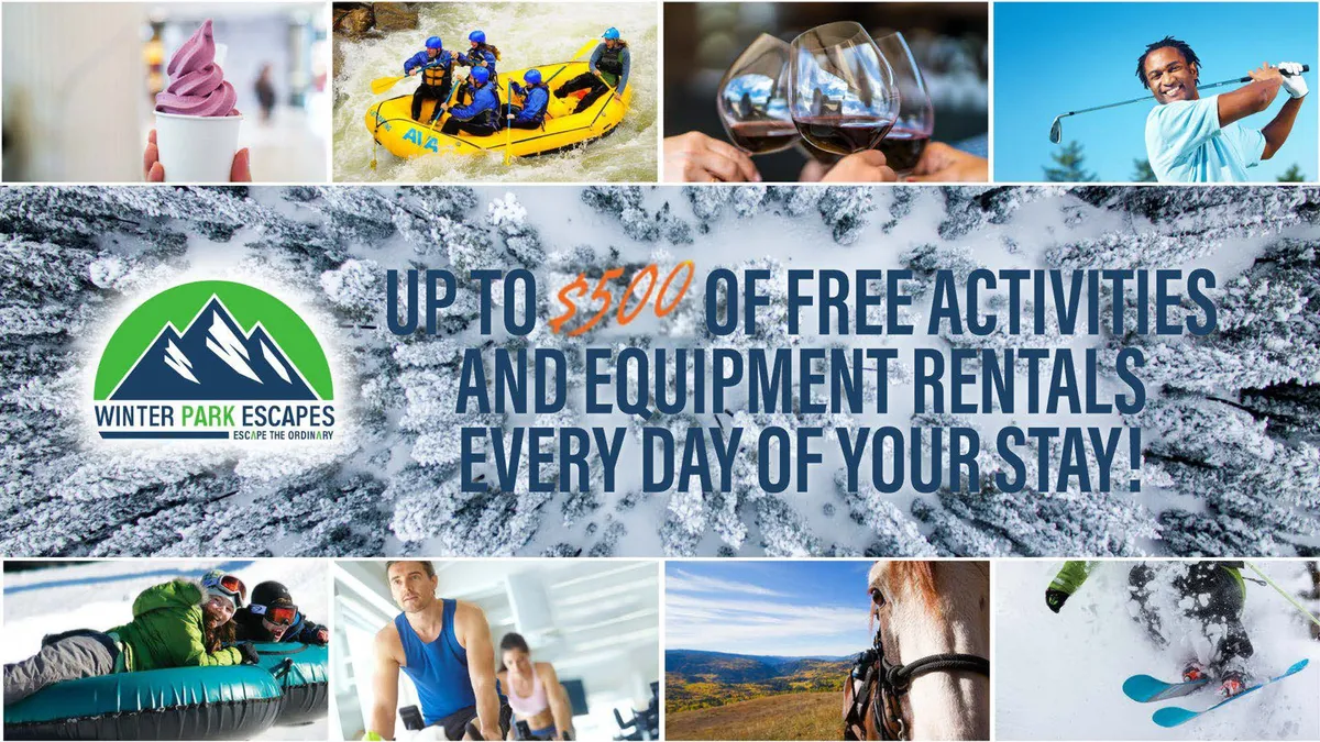 This vibrant exterior image captures people engaged in thrilling outdoor activities such as rafting, skiing, horse riding, and snow tubing, all set against beautiful natural landscapes. The scene conveys a sense of adventure and community enjoyment, with visible food and drink suggesting a festive environment.