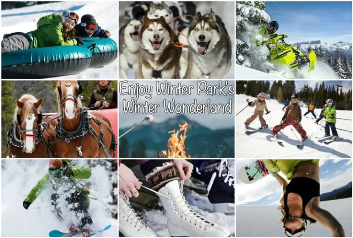 This lively exterior image shows families and children enjoying snow tubing, skiing, snowboarding, dog sledding, and ice skating in a snowy resort setting. There are cozy fireside gatherings and playful scenes, capturing the diversity of winter activities available at Winter Park Resort.